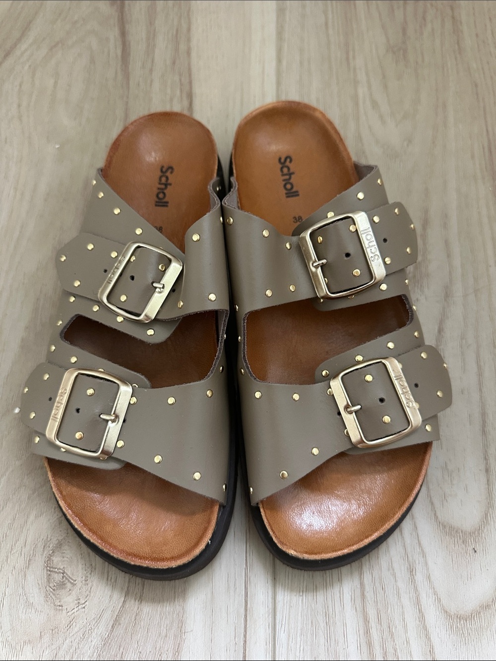 Dr. Scholl's Taupe Double-Buckle Studded Slide Sandals